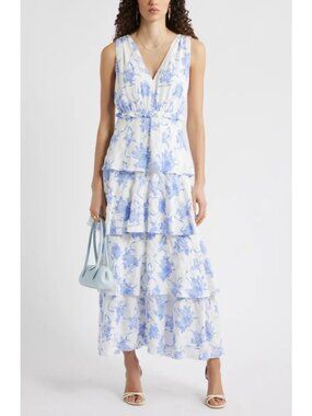 Chelsea28 Floral Tiered Maxi Dress Ivory Blue Antoinette Floral Resort Size S